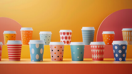A captivating ad campaign showcasing cups that transform color and pattern with the drinkers mood Highlight the dynamic nature of the product in a visually engaging way - obrazy, fototapety, plakaty