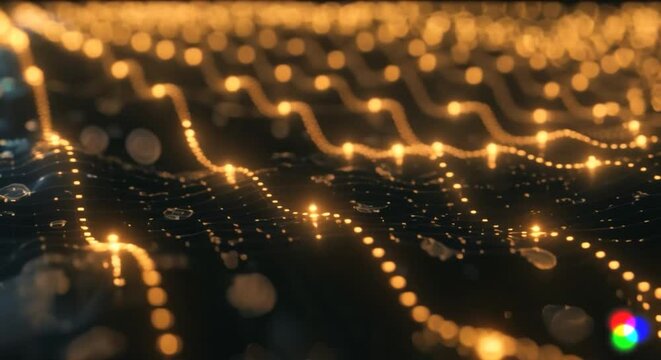Golden Data Stream - Financial Network Visualization. A glowing golden digital grid symbolizing financial data and connectivity.
