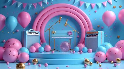 set of cartoon musical instruments.on a festive podium in 3D format with high resolution, high detail, idea for business cards and stickers