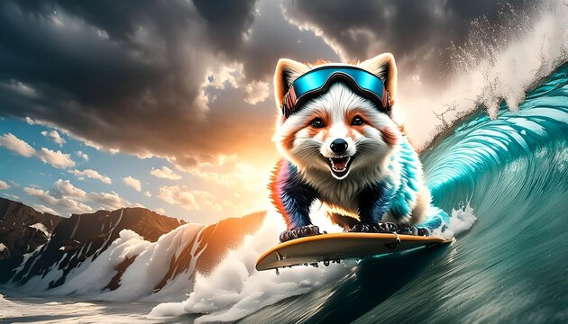 A mesmerizing image of an arctic fox skillfully riding a large wave on a surfboard