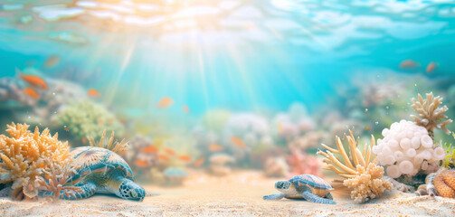 Fototapeta na wymiar Sea turtle swims in the sea under water among the bright coral reefs