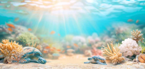 Fotobehang Sea turtle swims in the sea under water among the bright coral reefs © megavectors