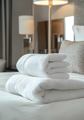 Fototapeta na wymiar A closeup of two clean white towels neatly folded on top of and next to each other, with one slightly overlapping the stack in front of an elegant hotel bed