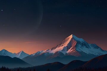 moonrise over a mountain range, snow - capped peaks illuminated by moonlight, mystical aura Generative AI