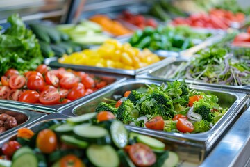 Obraz premium Fresh vegetables in a salad bar at a restaurant. Selective focus.