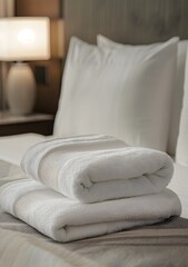 A closeup of two clean white towels neatly folded on top of and next to each other, with one slightly overlapping the stack in front of an elegant hotel bed