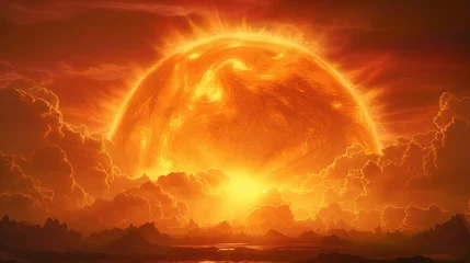 Foto auf Acrylglas A colossal sun emitting intense flames looms over a rugged, mountainous terrain © Faro