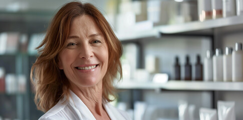 Portrait of Female Beautician at Workplace with Shelves Full of Facial Cream Products, Space for Advertising Banner or Magazine Cover