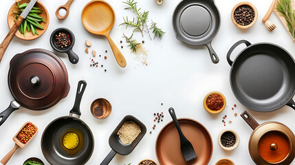 kitchen essentials including a black pot, wood spoon, and brown bowl arranged on a transparent back