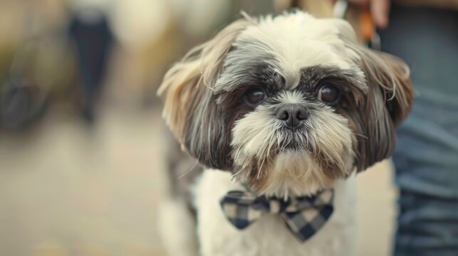 Close Up Portrait of a Shih Tzu with Unique Head Features and Stylish Bow Walking with Owner