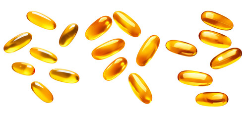 Falling Fish oil pill, omega 3, isolated on white background, clipping path, full depth of field	
