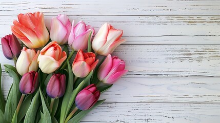 A gorgeous bouquet of tulips set against a pristine white wooden backdrop