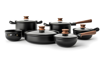 kitchen essentials black pots and lids, including a wooden spoon, displayed on a isolated background