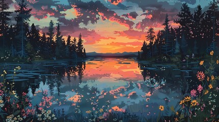 Sunset lakeside and cottage garden illustration poster background - obrazy, fototapety, plakaty