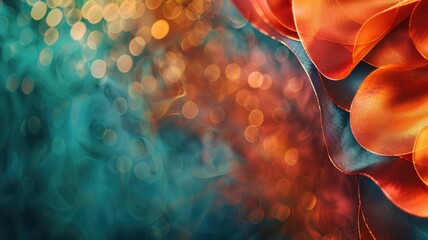 Abstract image of orange petals against blurred blue backdrop with bokeh effect