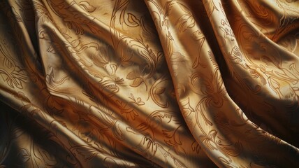 Luxurious golden-brown fabric with elegant floral patterns draped elegantly