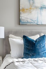 A closeup shot of the bed, showcasing its plush white bedding and soft grey headboard against a light gray wall