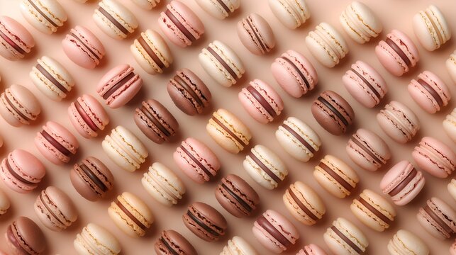 A pattern of french Macaroons cookies . Beige, brown, rose french cookies macarons. French food concept