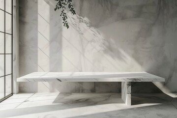 Marble Table with White Stucco Wall Texture Background with Light Beam and Shadow, Suitable for Product Presentation Backdrop, Display, and Mock up - generative ai