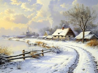 A painting of a snowy landscape with a house and a barn