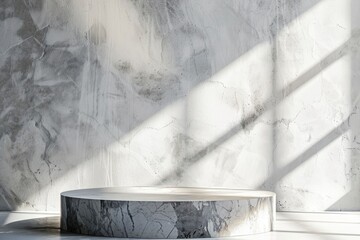 Marble Table with White Stucco Wall Texture Background with Light Beam and Shadow, Suitable for Product Presentation Backdrop, Display, and Mock up - generative ai