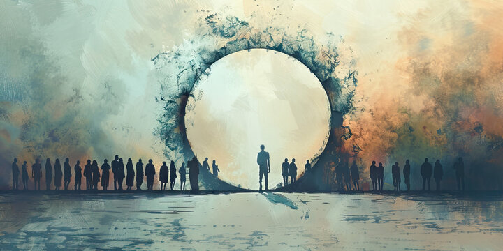 Alienation: The Outsider and Closed Circle - Picture an outsider looking in at a closed circle, illustrating the alienation and isolation often experienced by those outside of a cult