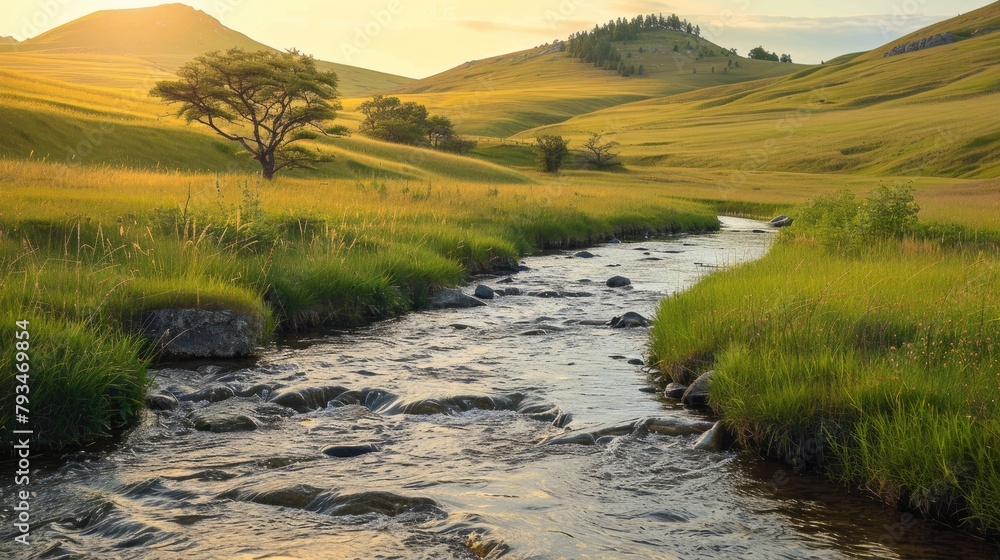 Poster a river runs through a grassy field with a tree in the foreground
