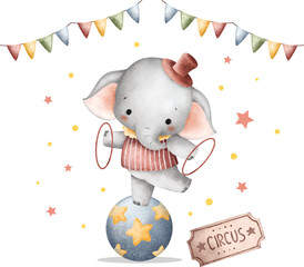 Watercolor Illustration Cute Baby Elephant Plays Circus
