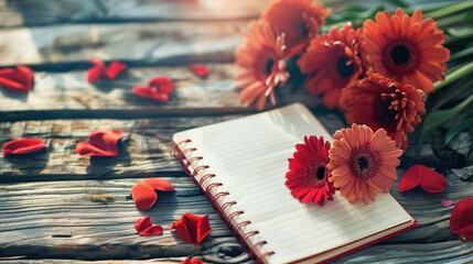 The notepad sits on the table adorned with vibrant red flowers and cute hearts ready for scribbling your thoughts and ideas - obrazy, fototapety, plakaty