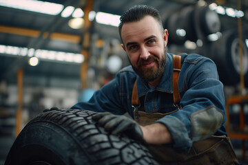 Mechanic Smiling with Tire, Automotive Service, Workshop Environment