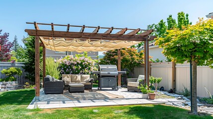 Patio Paradise: Trendy Pergola, Lounge, Chairs, Grill, Landscaped Garden, Sunny Summer Day