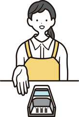 カフェで働く女性スタッフがスマートフォン決済の案内をしているの上半身のイラスト素材