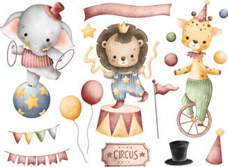 Watercolor Illustration Set of Circus Safari Animals © Stella