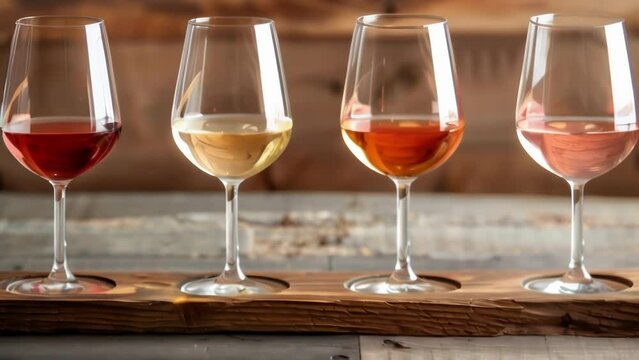 four wine glasses arranged in a row on a rustic wooden tray each containing a different type of wine chardonnay zinfandel syrah and ros&Atilde;&copy;. .