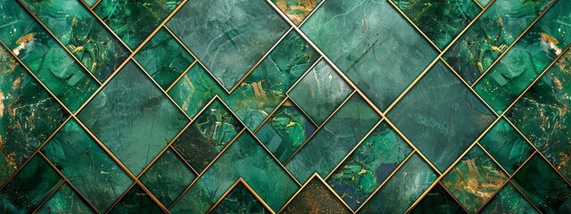 Abstract geometric pattern with emerald and gold hues on a textured surface.