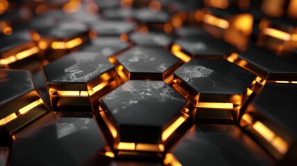 Fototapeta premium Hexagonal pattern with metallic texture and orange illumination