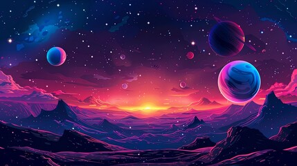 Colorful space scene with planets and stars.