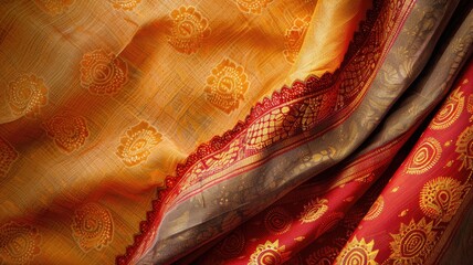 Traditional patterned fabric with intricate designs, golden hues, and red accents