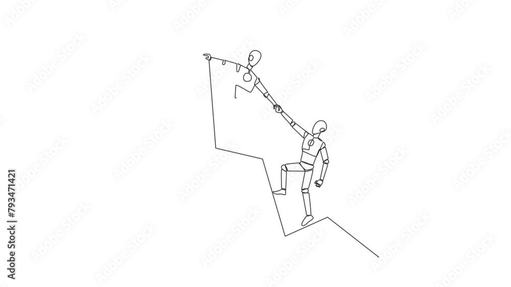 Poster animation of continuous one line drawing robot pulls the arm of another robot that fell from graphic