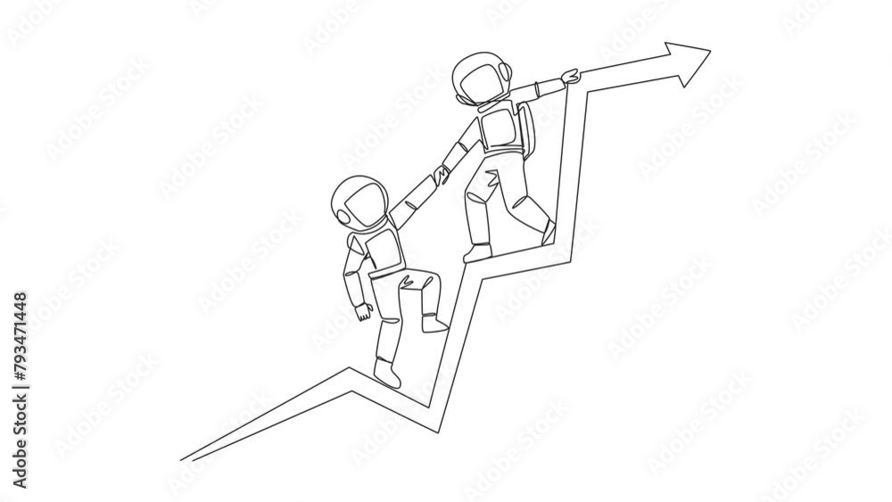 Poster animated self drawing of single continuous line drawing astronaut pulls arm of another astronaut tha