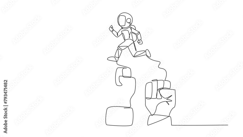 Poster animation of single one line drawing astronaut running leaping over three large clenched fists. team
