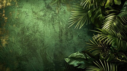 Green textured background with tropical foliage at edge - obrazy, fototapety, plakaty