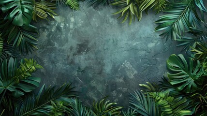 Tropical green leaves framing textured dark grey background