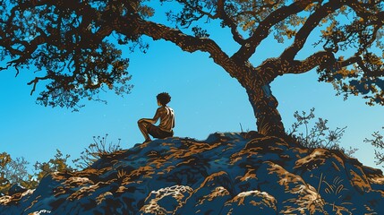 a boy sitting and looking up the sky illustration poster background