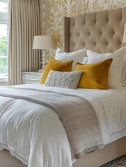 A large bed in the hotel room with a beige and yellow color scheme, carpeted floor, night stand, table lamp, and window view