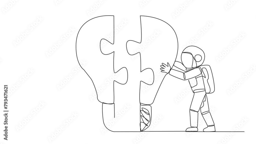 Poster animation of single continuous line drawing two astronauts pushing two lightbulb-shaped puzzle piece