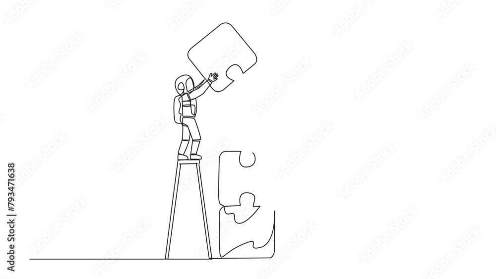 Poster self drawing animation of continuous one line drawing two astronauts putting together a puzzle. one 