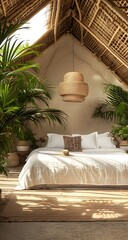 A large bed with white linen and two decorative pillows, surrounded by tropical plants in pots on the floor of an open-air thatched roof house with high ceilings
