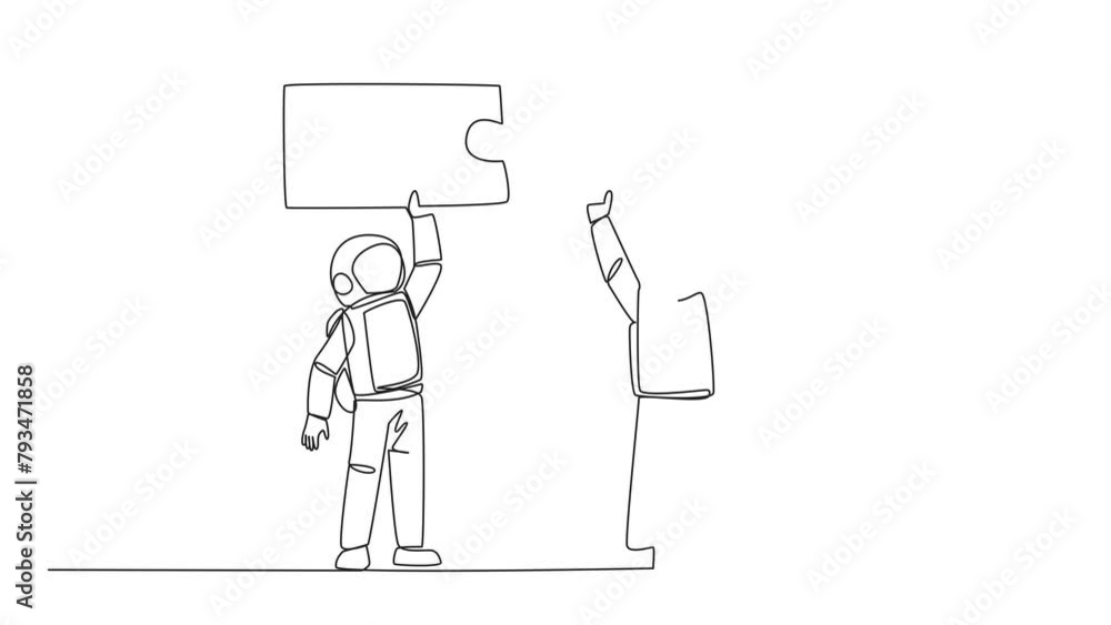 Poster self drawing animation of continuous one line drawing two astronauts doing teamwork to carrying dire