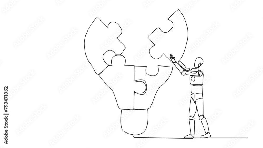 Poster animation of a single continuous line drawing two robots work in teams to complete a lightbulb-top p